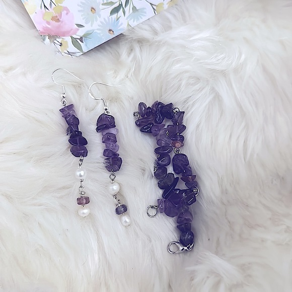 🪻Lovely Crafted w/Natural Stunning Amethyst Gems Bracelet+Earrings Semi-Precious - Picture 4 of 16